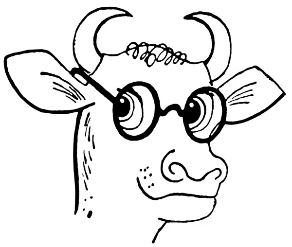 A black and white version of a cartoon style drawing of a bull wearing rounded specials — Stock Photo, Image