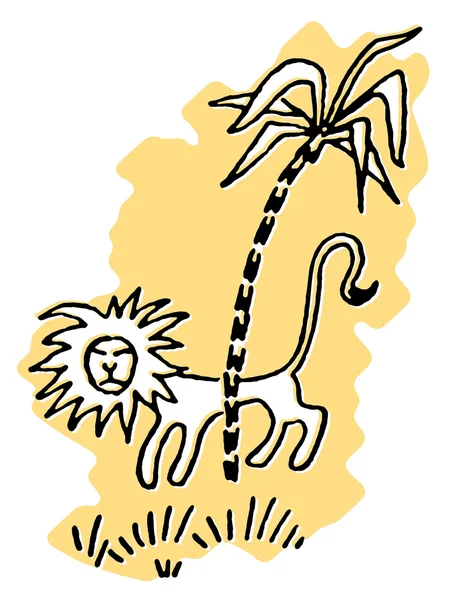 Un dessin simpliste d'un lion rôdant derrière un palmier — Photo