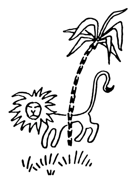 A black and white version of a simplistic drawing of a Lion prowling behind a palm tree — Stock Photo, Image