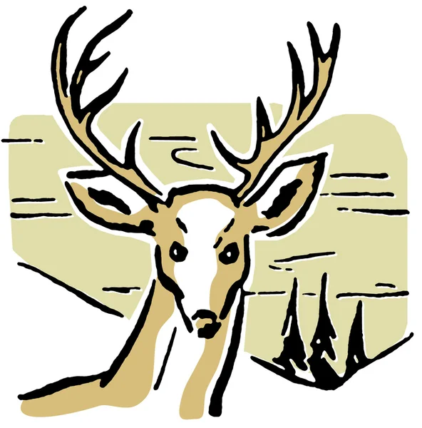 一只鹿与松树和起伏的山丘，在背景中的插图 — 图库照片