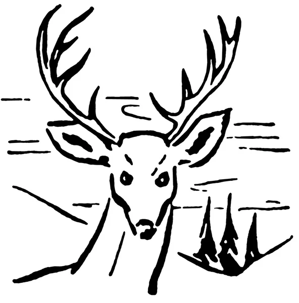 鹿与松树和起伏的山丘，在背景中的插图中的一个黑色和白色版本 — 图库照片