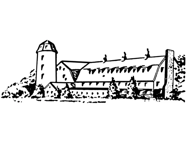En svartvit version av en stor bondgård och silo — Stockfoto