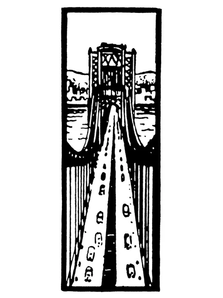Una versione in bianco e nero di un'illustrazione che guarda giù lungo un ponte occupato — Foto Stock