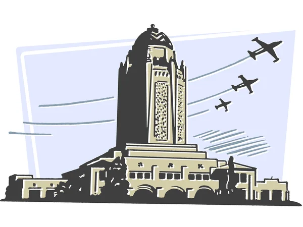 Большое здание арт-деко с самолетами, летящими на заднем плане — стоковое фото