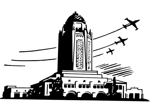 Une version noir et blanc d'un grand bâtiment de type art déco avec des avions volant en arrière-plan — Photo