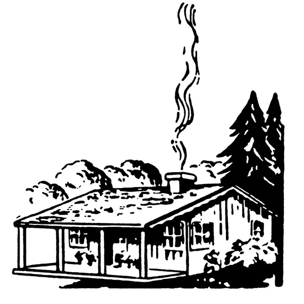 Черно-белая версия маленького фермерского домика с дымящимся дымоходом — стоковое фото
