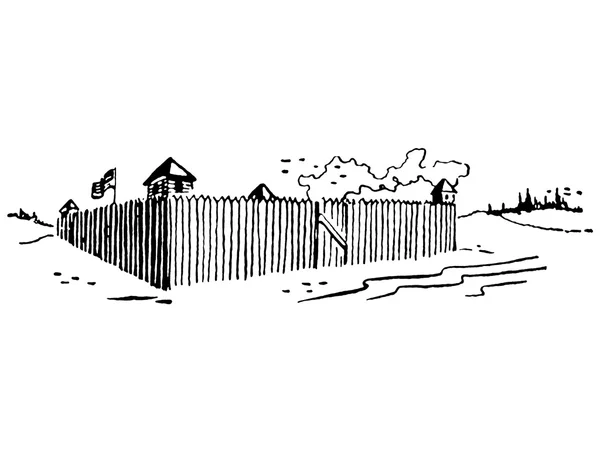 Una versión en blanco y negro de una ilustración de una fortaleza con una bandera ondeando alto —  Fotos de Stock