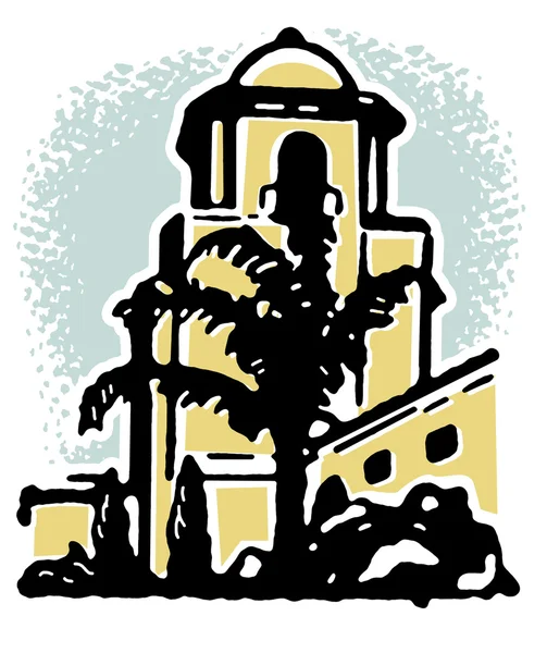 Иллюстрация каменного здания с большой пальмой на переднем плане — стоковое фото