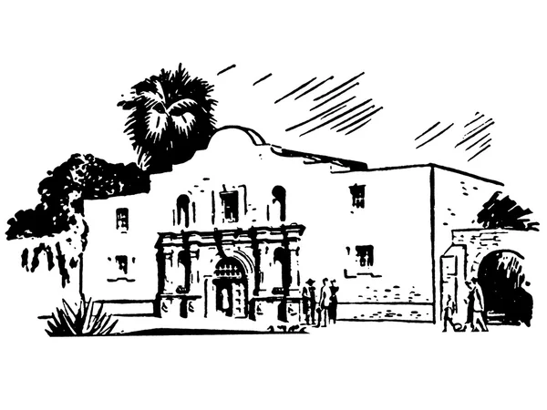 Eine schwarz-weiße Version einer Illustration eines mexikanisch inspirierten Gebäudes — Stockfoto