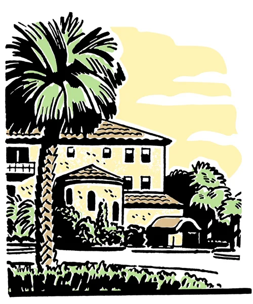 Uma ilustração de uma grande casa com uma palmeira bem estabelecida no jardim da frente — Fotografia de Stock