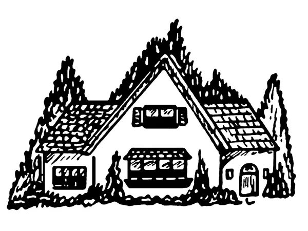 Una versión en blanco y negro de una ilustración de una casa de estilo cottage — Foto de Stock