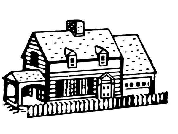 En svartvit version av en illustration av en liten bungalow hem — Stockfoto