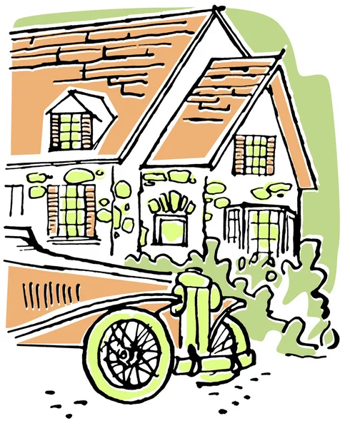 Иллюстрация дома со старомодным автомобилем на переднем плане — стоковое фото