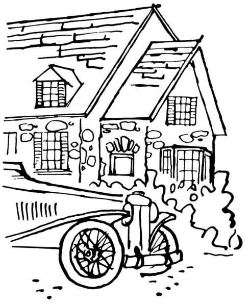 A black and white version of an illustration of a home with an old fashioned car in the foreground — Stock Photo, Image