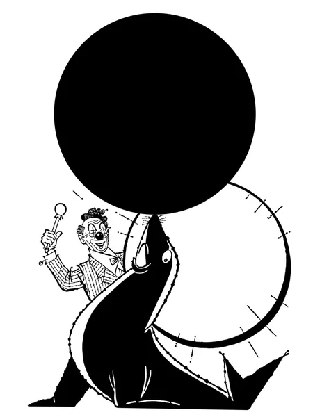 Uma versão em preto e branco de um palhaço treinando uma foca para equilibrar uma bola em seu nariz — Fotografia de Stock