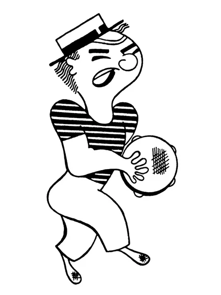 Une version en noir et blanc d'une illustration d'un homme jouant un tambourin — Photo