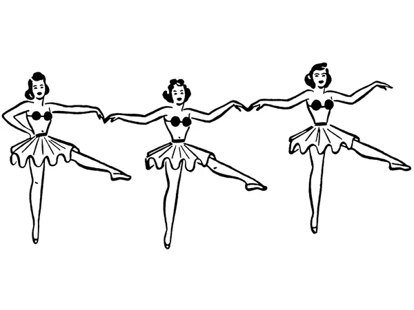 Черно-белая версия трех балерин, танцующих подряд — стоковое фото