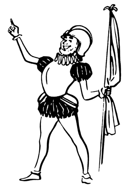 A black and white version of a drawing of a knight in amour holding a flag — Stock Photo, Image
