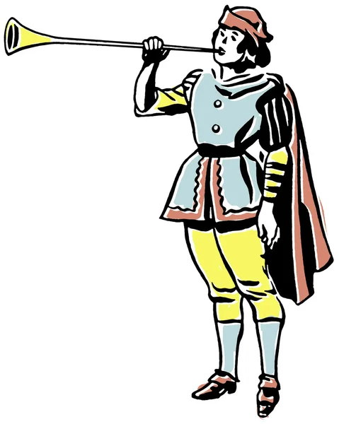 Um desenho de um homem em uma era renascentista tocando um chifre ou trompete — Fotografia de Stock