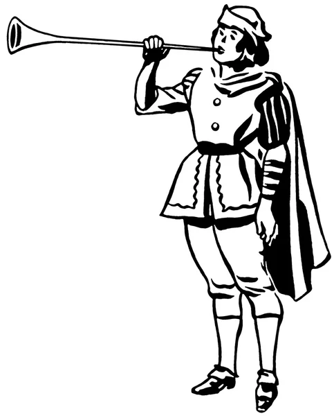 Version en noir et blanc d'un dessin d'un homme à l'époque de la Renaissance jouant de la trompette ou de la corne — Photo