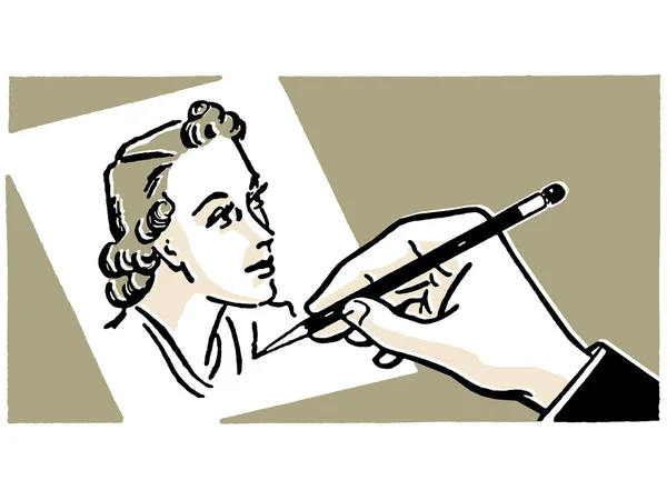 Um desenho representando uma mão desenhando a figura de uma mulher no papel — Fotografia de Stock