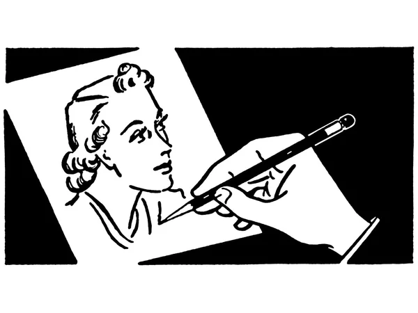 Uma versão em preto e branco de um desenho representando uma mão desenhando a figura de uma mulher no papel — Fotografia de Stock