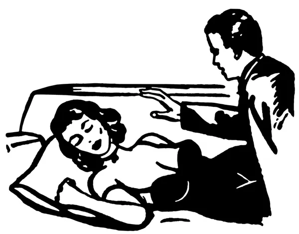 A black and white version of an illustration of a man looking down at a sleeping woman — Stock Photo, Image