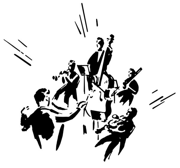 A black and white version of an illustration of a man conducting an orchestra