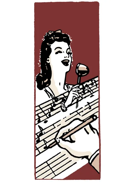 Eine Illustration einer singenden Frau und eine Hand im Vordergrund, die Noten notiert — Stockfoto