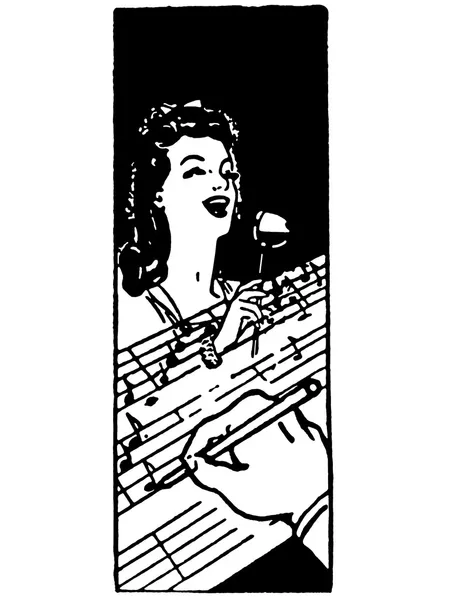 Черно-белая версия иллюстрации женщины, поющей и руки на переднем плане, записывающей ноты — стоковое фото