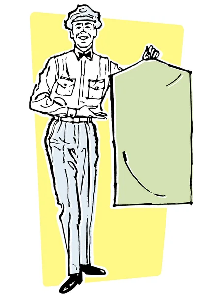 Uma ilustração de um motorista de entrega segurando um saco de terno — Fotografia de Stock