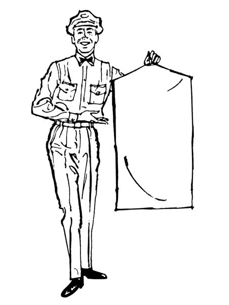 Una versione in bianco e nero di un'illustrazione di un conducente di consegna con in mano una borsa per abiti — Foto Stock