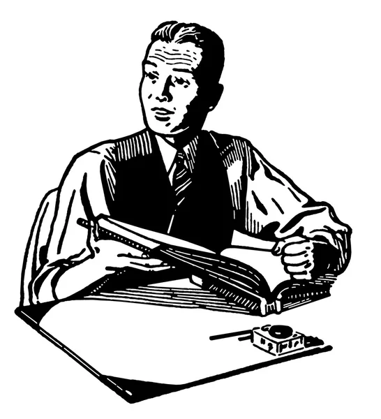 Черно-белая версия иллюстрации человека, читающего за письменным столом — стоковое фото