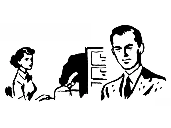 En svartvit version av en affärsman med sin sekreterare att skriva bakom honom — Stockfoto