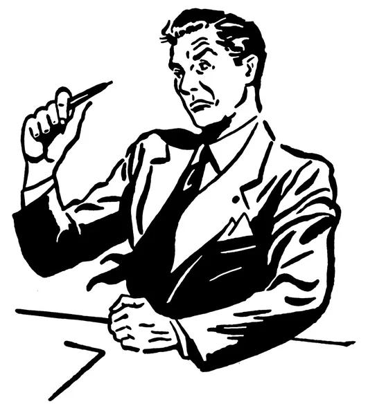 En svart en vit version av en illustration av en arg letar affärsman som sitter vid ett skrivbord — Stockfoto