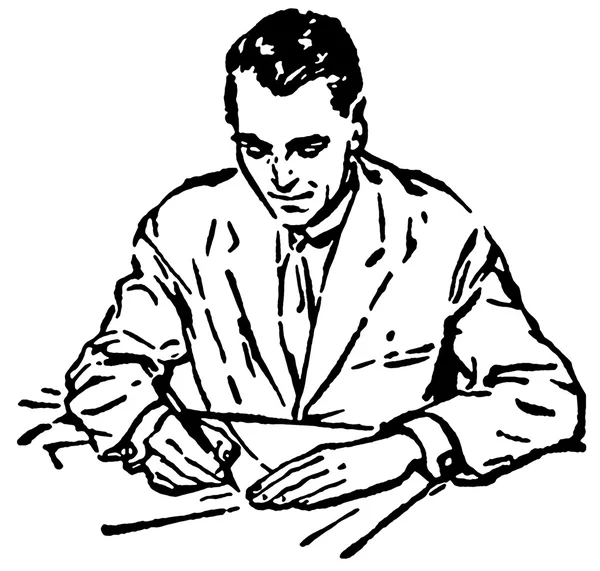 Eine schwarz-weiße Version eines Mannes, der an einem Schreibtisch schreibt — Stockfoto