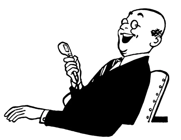 En svartvit version av en jolly letar affärsman hålla en telefon — Stockfoto