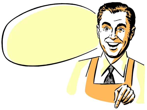A man wearing a shirt an tie and an apron with an empty speech bubble behind him — Stock Photo, Image