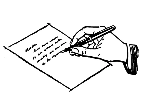 Eine schwarz-weiße Version einer Zeichnung einer Hand, die einen Buchstaben schreibt — Stockfoto