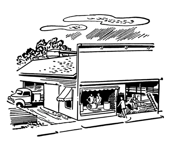 En svartvit version av en illustration av en butik front — Stockfoto