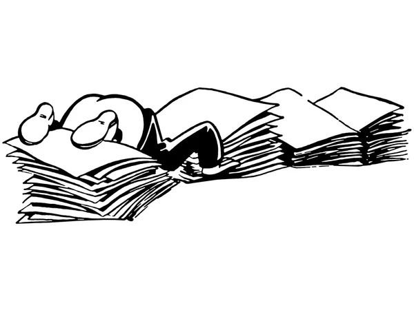 A black and white version of a cartoon style drawing of man almost buried in piles of paperwork — Stock Photo, Image