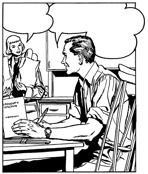 Siyah beyaz bir çizgi roman versiyonu arka planda bir kadınla konuşurken bir masada bir adam çizimi stil — Stok fotoğraf