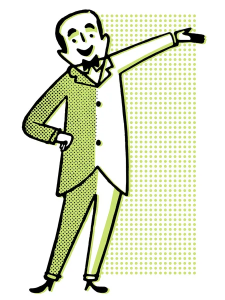 A cartoon style drawing of a man dressed in a suite with bowtie