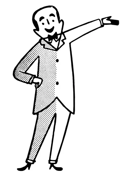 A black an white version of a cartoon style drawing of a man dressed in a suite with bowtie — Stock Photo, Image