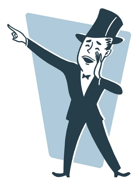 Un disegno in stile cartone animato di un uomo vestito con un cappello a cilindro e code fare un annuncio — Foto Stock