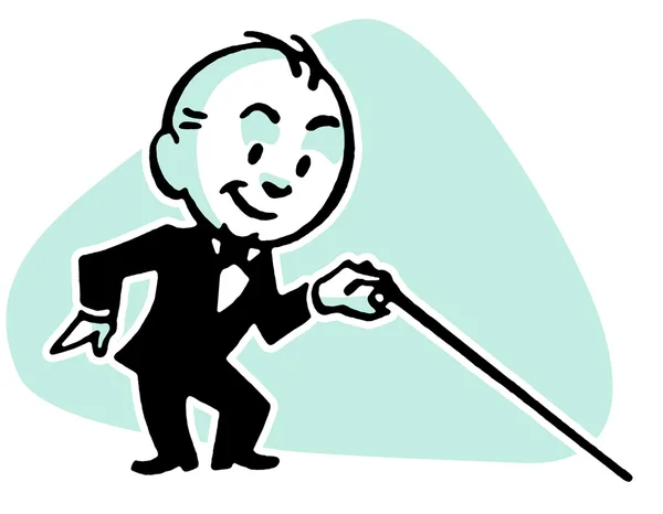 A cartoon style drawing of a small man dressed in a lounge suite with a cane
