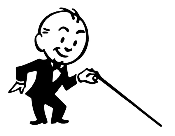 Een zwarte een witte versie van een tekening van een klein mannetje cartoon-stijl gekleed in een lounge-suite met een stok — Stockfoto