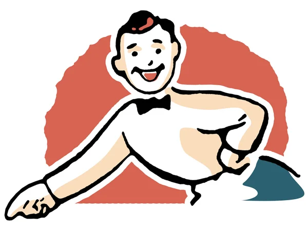 Mutlu görünümlü bir adam çizim karikatür tarzı bir suitte işaret parmağını papyon ile giyinmiş. — Stok fotoğraf