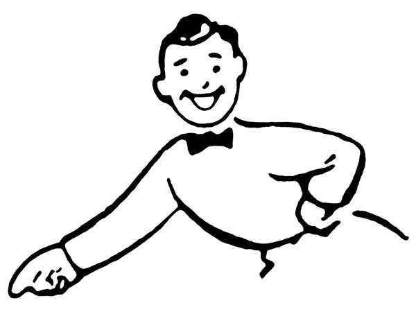 Une version noir et blanc d'un dessin de style dessin animé d'un homme heureux habillé dans une suite avec nœud papillon pointant son doigt — Photo
