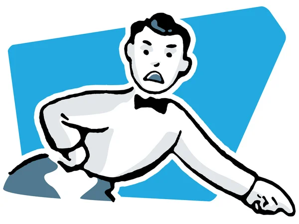 Styl kreskówki rysunek nieszczęśliwy człowiek szuka ubrany w apartamencie z bowtie wskazując palcem — Zdjęcie stockowe